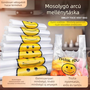 Átlátszó műanyag zacskók mosolygós arccal, nagy méretű mellény-stílusú, bevásárláshoz és kiszállításhoz