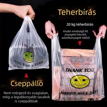 Átlátszó műanyag zacskók mosolygós arccal, nagy méretű mellény-stílusú, bevásárláshoz és kiszállításhoz