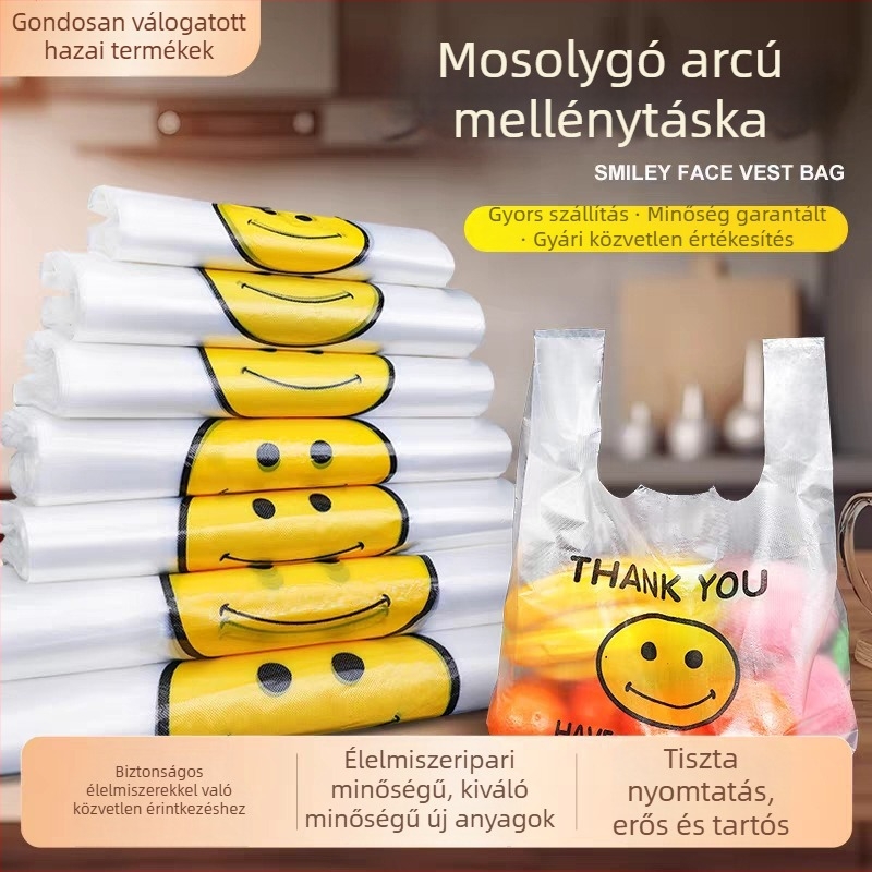 Átlátszó műanyag zacskók mosolygós arccal, nagy méretű mellény-stílusú, bevásárláshoz és kiszállításhoz