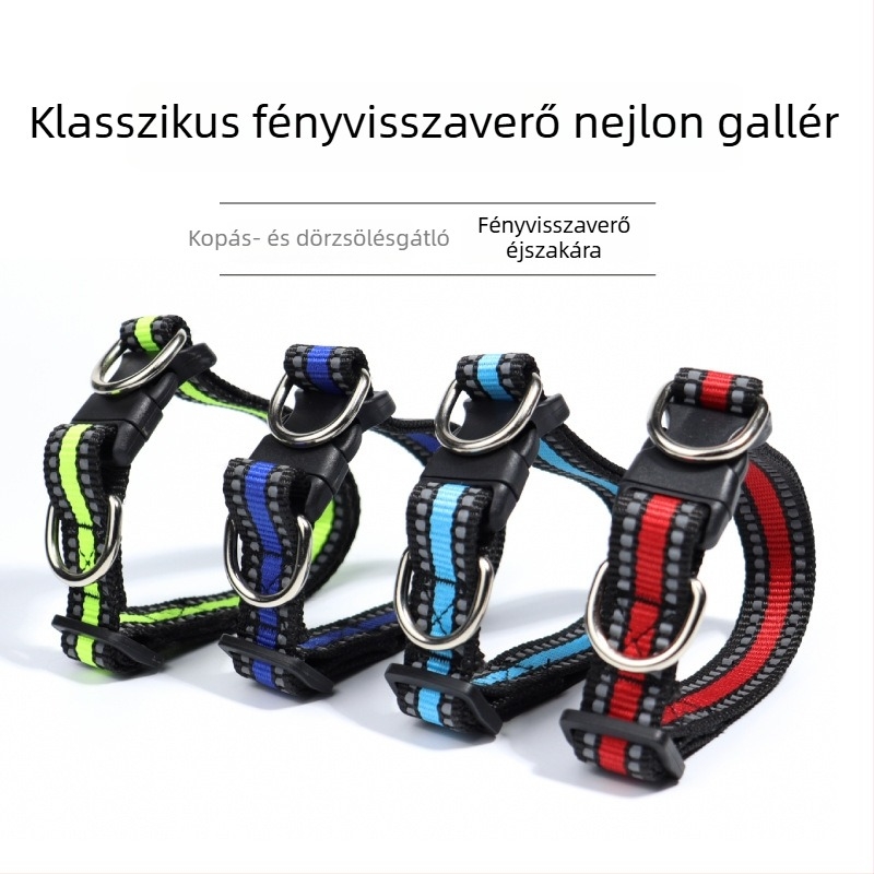 Kutyanyakörv dupla D csattal, fényvisszaverő nylon nyakörv, kis- és közepes testű kutyáknak
