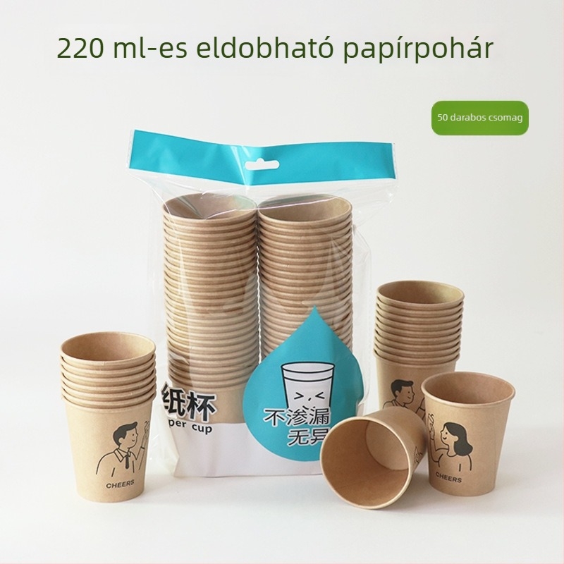 Egyszer használatos kraft papírt pohár, 50 db, 220 ml, vastagított, természetes színű, otthoni, irodai és kereskedelmi használatra, kávé és italok
