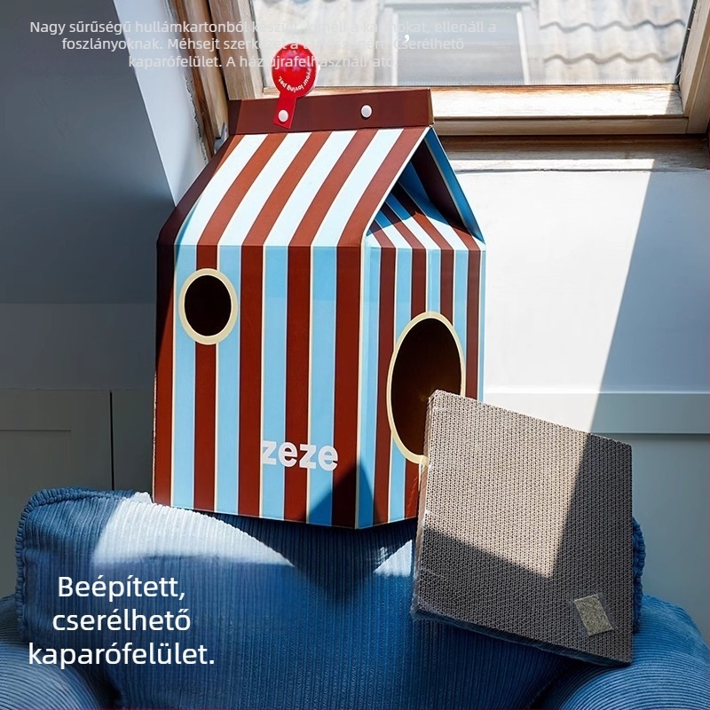 Zeze integrált macska kaparódeszka és macskafészek - hullámkartonból készült, karmolásálló, nagytestű macskáknak
