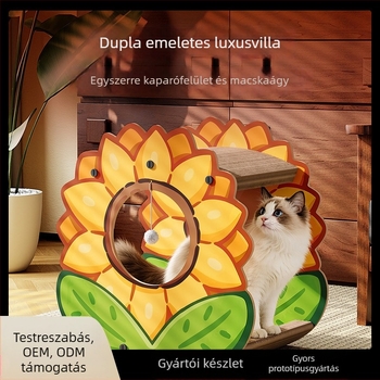 Napraforgó motívumos, kétszintes macska dörzsölő deszka és ágy egyben, megerősített hullámkartonból, kopásálló, szőrmentes, egész éves használatra, macska játék