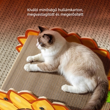 Napraforgó motívumos, kétszintes macska dörzsölő deszka és ágy egyben, megerősített hullámkartonból, kopásálló, szőrmentes, egész éves használatra, macska játék