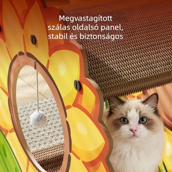 Napraforgó motívumos, kétszintes macska dörzsölő deszka és ágy egyben, megerősített hullámkartonból, kopásálló, szőrmentes, egész éves használatra, macska játék