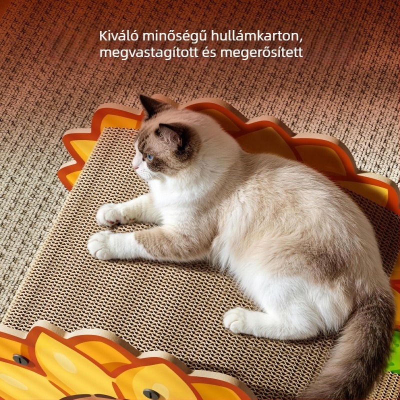Napraforgó motívumos, kétszintes macska dörzsölő deszka és ágy egyben, megerősített hullámkartonból, kopásálló, szőrmentes, egész éves használatra, macska játék