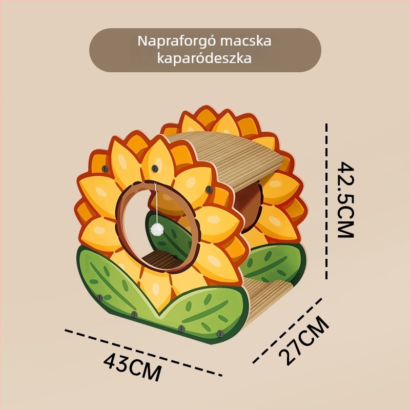 Napraforgó motívumos, kétszintes macska dörzsölő deszka és ágy egyben, megerősített hullámkartonból, kopásálló, szőrmentes, egész éves használatra, macska játék