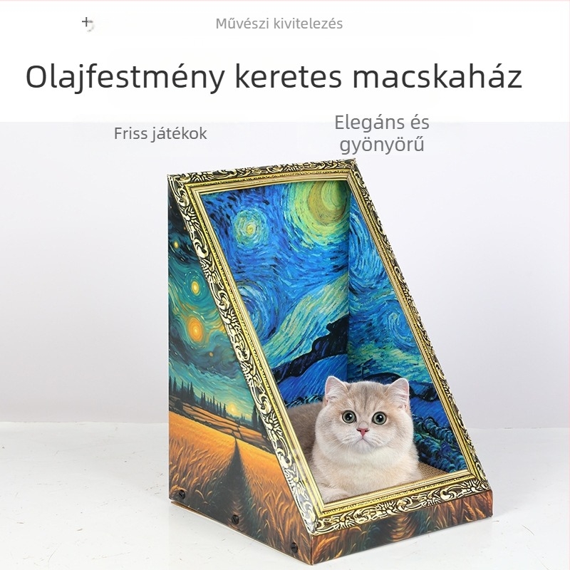  Olajfestmény macskabölcső, retro stílusú, karcolódeszka és játék fotókerettel, minden évszakhoz