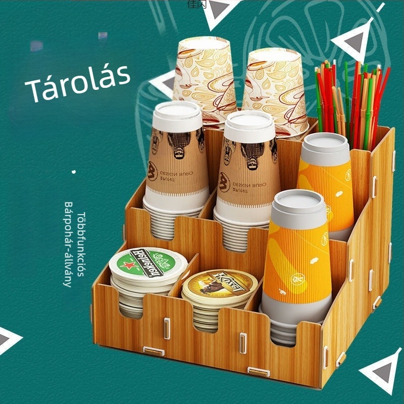 Fa pohártartó állvány és adagoló, eldobható papír poharakhoz, tej-tea és kávézók asztali pohártartója, 201-300 ml