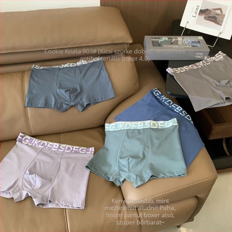 Ajándékdobozos antibakteriális pamut férfi boxer, légáteresztő és rugalmas, középmagas derekú, mintás színblokkal és feliratokkal.