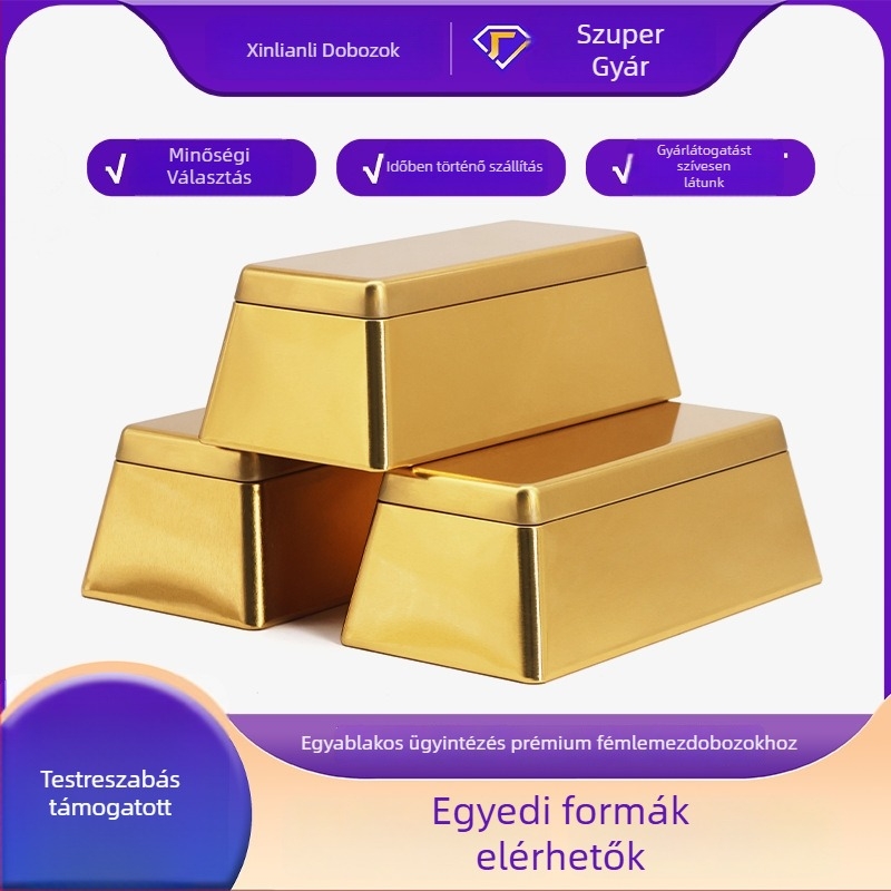 Kreatív aranytégla alakú fémdoboz édességekhez – ajándékcsomagolás csokoládéval, süteményekkel és ananaszos süteménnyel