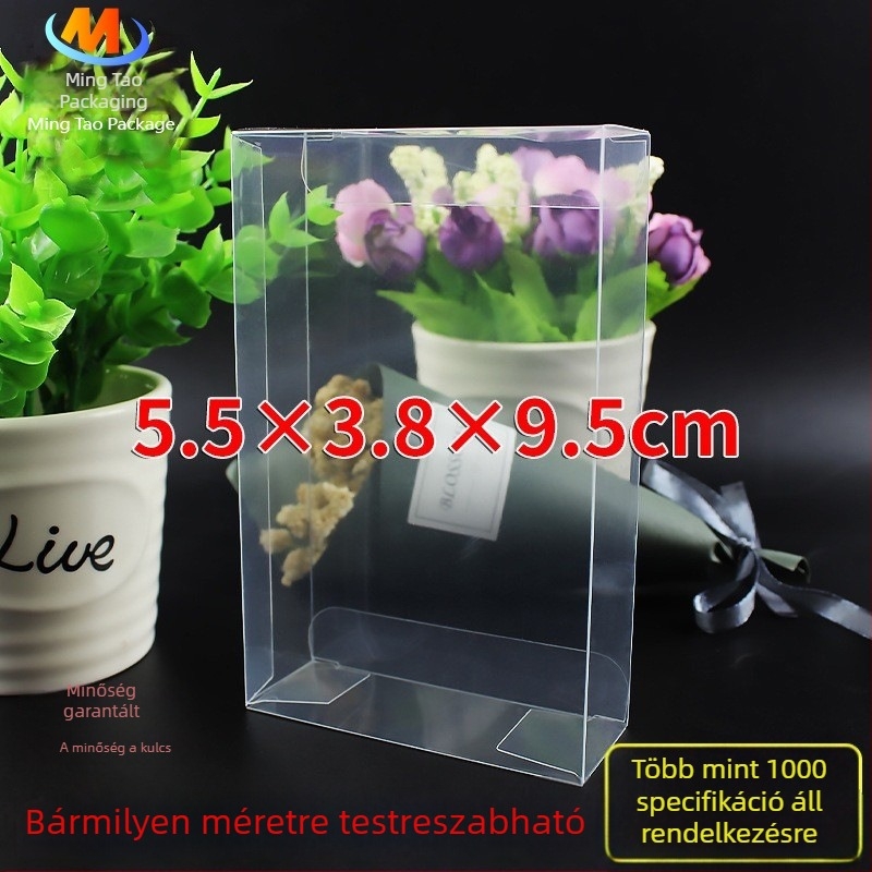 Átlátszó PVC ajándékkdoboz cukorkákhoz, porálló, méretek 5.5 × 3.8 × 9.5 cm