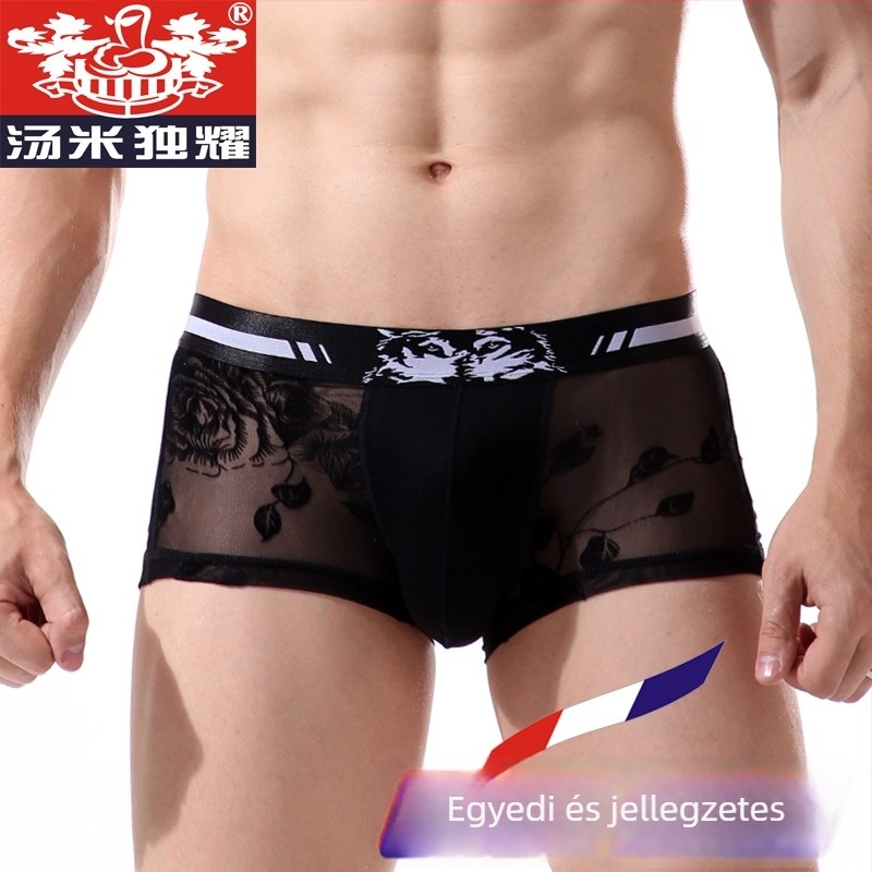 Szexi hálós férfi alsónemű rózsaszín virágmintával, ultra vékony, lélegző, boxer briefs
