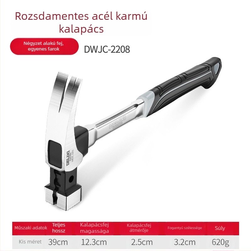 Delixi fogókalapács, többfunkciós famegmunkáló kalapács rozsdamentes acél fejjel és integrált dizájnnal