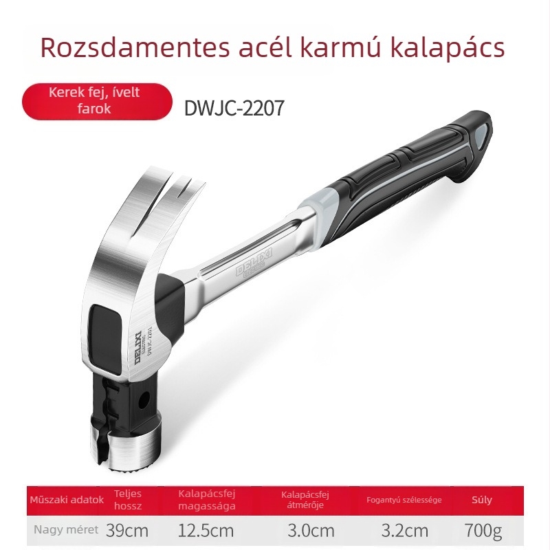 Delixi fogókalapács, többfunkciós famegmunkáló kalapács rozsdamentes acél fejjel és integrált dizájnnal