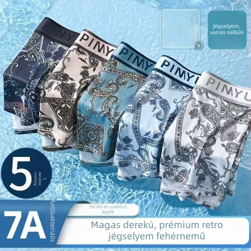 Férfi boxer briefs nemzeti stílusban, 7A antibakteriális jégselyem anyagból, retro Paisley mintával a derekon, bőrbarát és légáteresztő