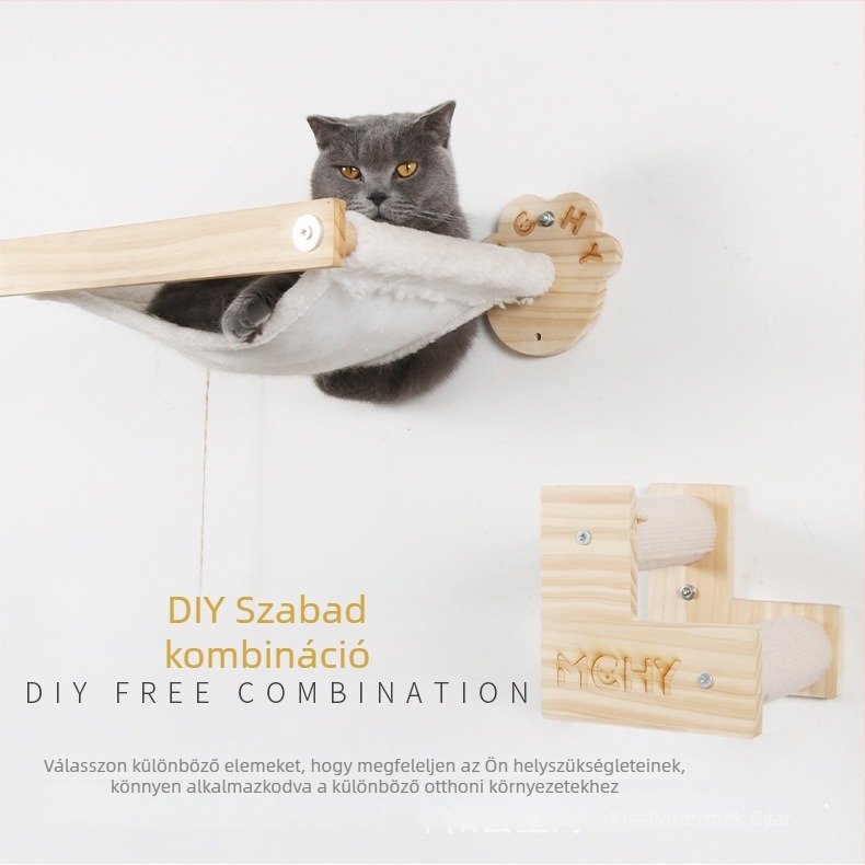 Fából készült falra szerelhető macska mászókeret DIY, kender kötél karmolófelülettel és függő macskamatraccal