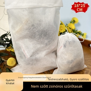 18×25 cm Gyógynövényes teazsákok nemszőtt anyagból készült húzózsinórral – egyszer használatos szűrőzsákok