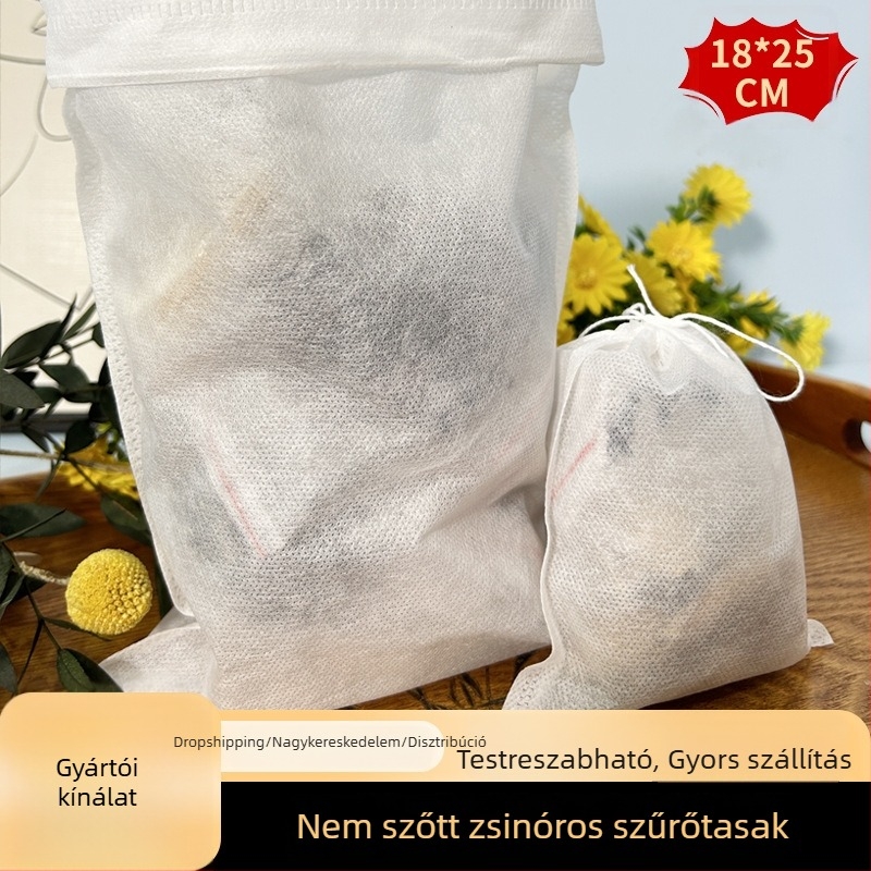 18×25 cm Gyógynövényes teazsákok nemszőtt anyagból készült húzózsinórral – egyszer használatos szűrőzsákok