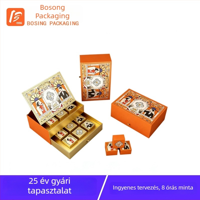Mooncake doboz teával és gyümölccsel, személyre szabott élelmiszer-csomagolás, karton doboz nyitható fedéllel