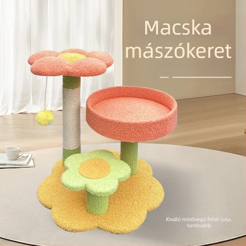 Háromszintes sizál macskafa virágos dizájnnal és beépített macskafészekkel, nagy macskáknak