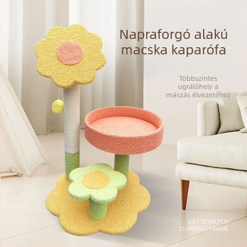 Háromszintes sizál macskafa virágos dizájnnal és beépített macskafészekkel, nagy macskáknak