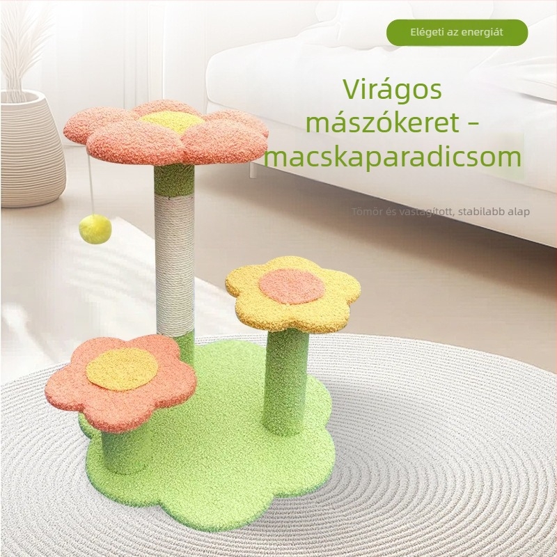 Háromszintes sizál macskafa virágos dizájnnal és beépített macskafészekkel, nagy macskáknak