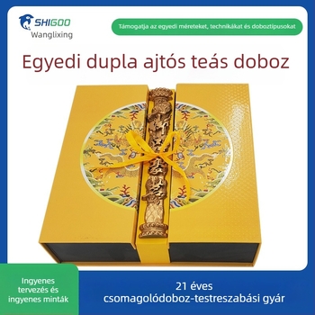 Új kínai stílusú dupla ajtós teás ajándékdoboz, egyedi dombornyomott papírral és arany bélyegzéssel