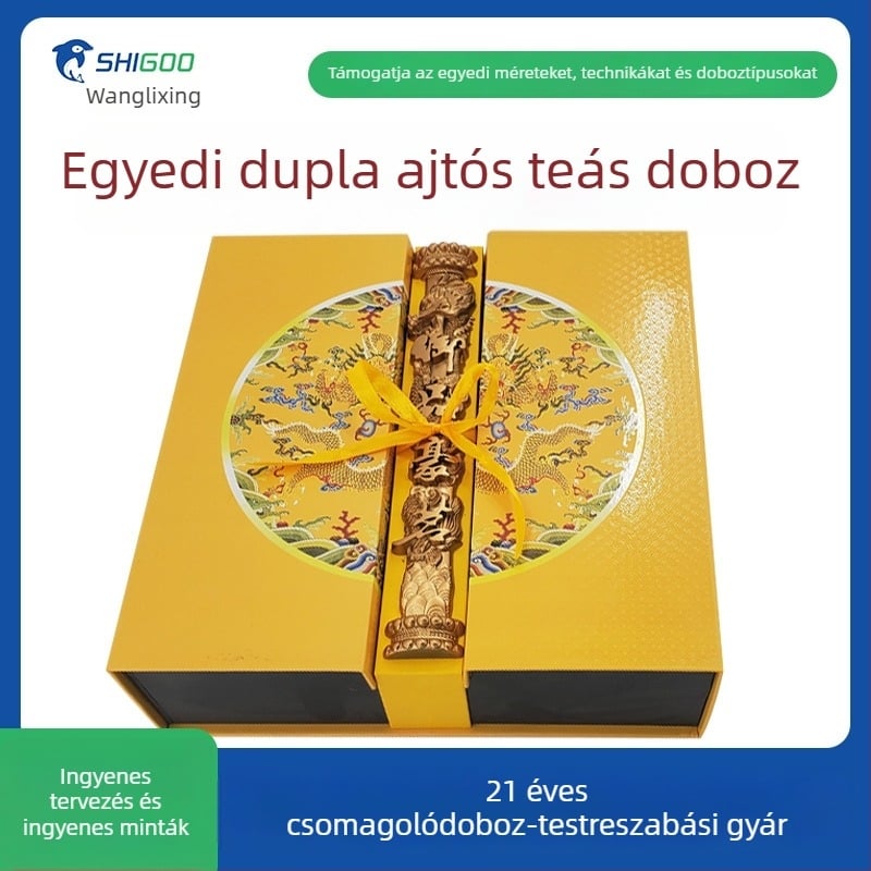 Új kínai stílusú dupla ajtós teás ajándékdoboz, egyedi dombornyomott papírral és arany bélyegzéssel