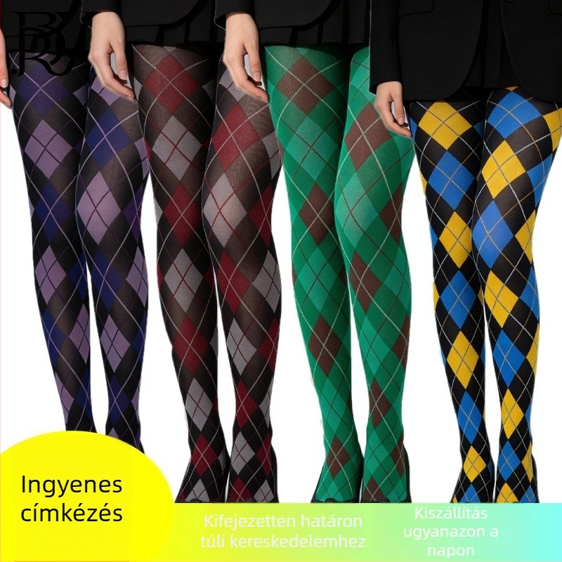 Női vintage harisnyák sötét gyémántos rácsmintával, houndstooth stílus, vékony, 120D nylon