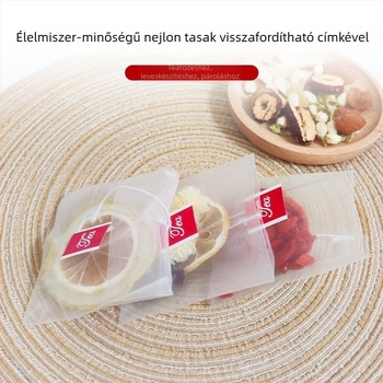 Élelmiszer-minőségű nejlon teafilter címkével, hajlított kialakítású, egyszer használatos teafilter, teázáshoz és virágteához, tealevél-szűrő