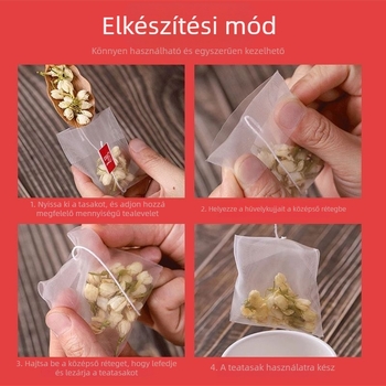 Élelmiszer-minőségű nejlon teafilter címkével, hajlított kialakítású, egyszer használatos teafilter, teázáshoz és virágteához, tealevél-szűrő