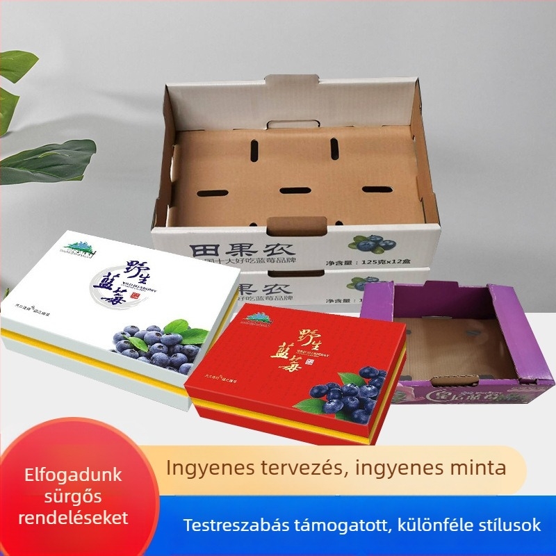 Színes nyomtatású doboz áfonya csomagolására, két részes fedéllel, hullámkartonból készült gyümölcsdíszdoboz