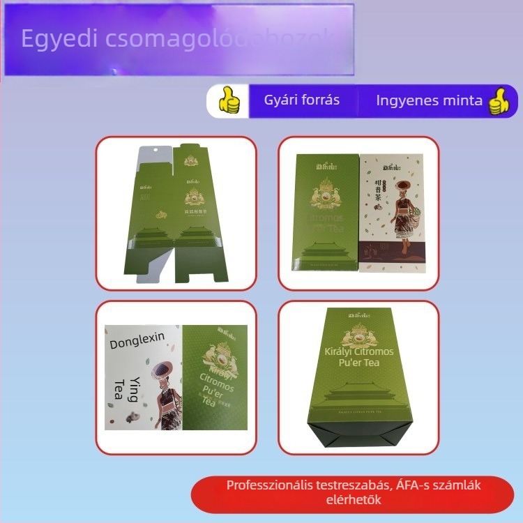 Kis zöld mandarinás Pu'er tea csomagoló doboz, hullámtartó karton, UV-relief