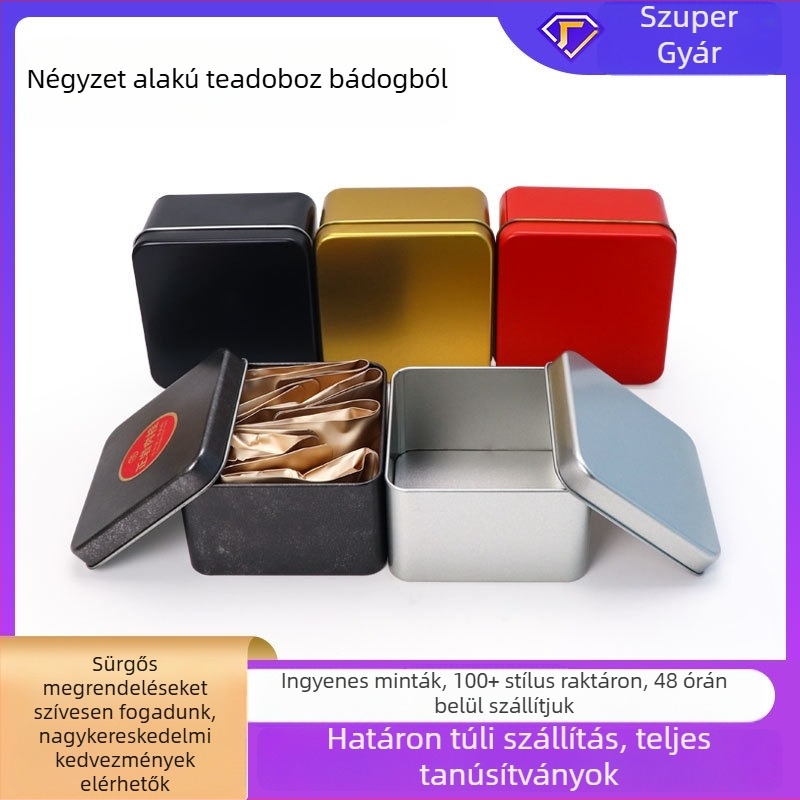 Négyszögletes fémdoboz teához – száraz teát, zöld teát és teafiltereket tárolására, élelmiszer-csomagolás