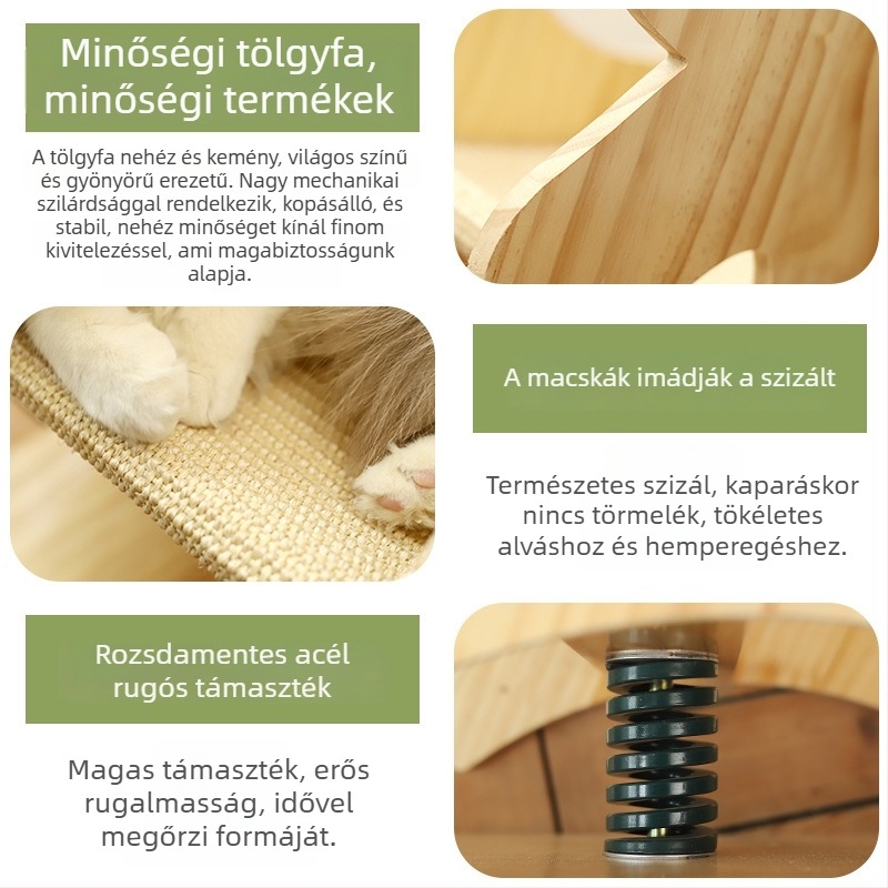 Fából készült macska mászófa karcoló lappal és pihenőággyal