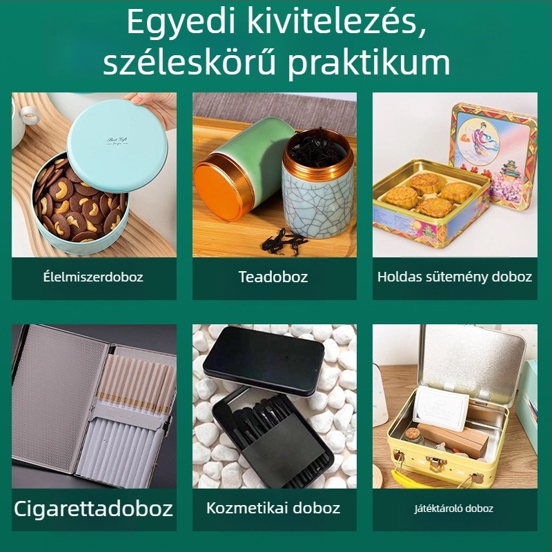 Hosszúkás fémdoboz kekszhez és teához, élelmiszer-tároló doboz UV nyomtatással, testreszabható méretek