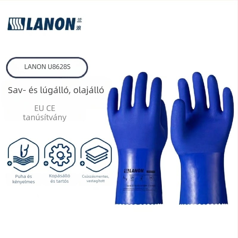 Lanlang U8628S professzionális PVC olajálló kesztyű, bevont kivitel, vegyi ellenálló, sav- és bázisellenálló, kopásálló, csúszásmentes gumírozott felülettel