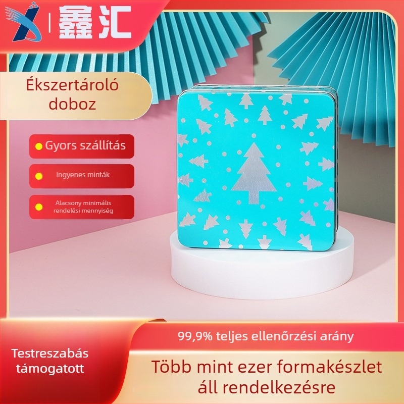 Személyre szabott négyzet alakú karácsonyi fémdoboz süteményekhez, kekszekhez, édességekhez és teához