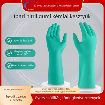 Zöld nitril kesztyű velúr bélésével, ipari védőkesztyű, sav- és lúgálló, olajálló, megvastagított, hosszú kémiai védőkesztyű