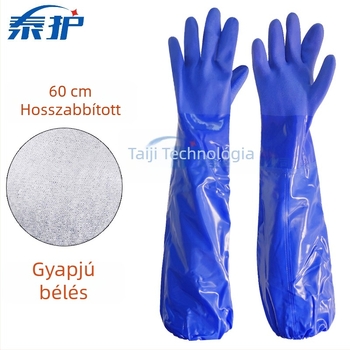 60 cm hosszú kék PVC hosszított kesztyűk, olajálló, vízálló ipari használatra, meleg flockos bélés
