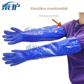 60 cm hosszú kék PVC hosszított kesztyűk, olajálló, vízálló ipari használatra, meleg flockos bélés