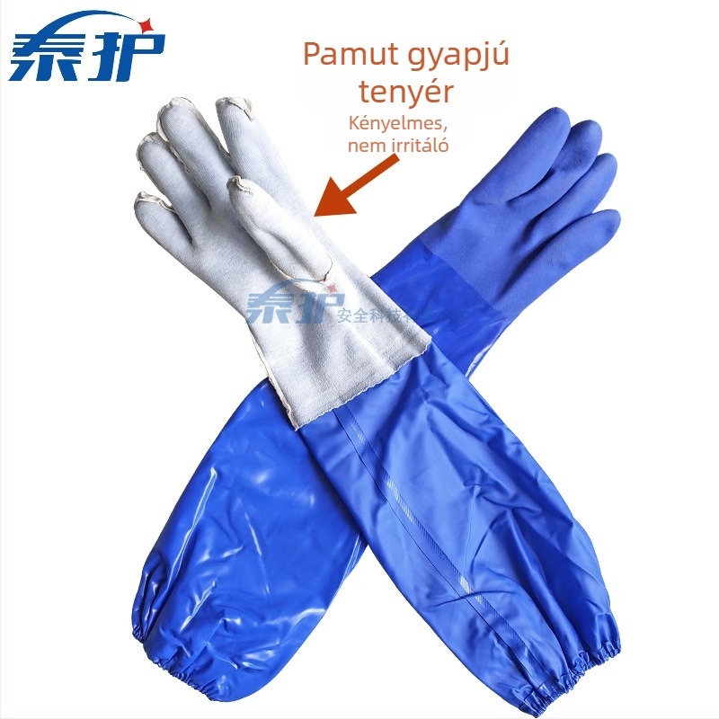 60 cm hosszú kék PVC hosszított kesztyűk, olajálló, vízálló ipari használatra, meleg flockos bélés