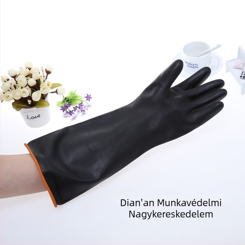 36 cm hosszú latex kesztyűk, hosszított és vastagított kivitelben, sav- és lúgállóak, fekete színűek, ipari felhasználás, kémiai védelem, kopásállóak és vízállóak