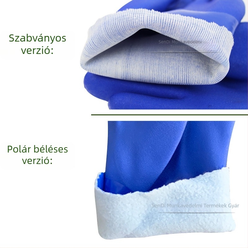Olajtűrő PVC-mártott kesztyűk kék színben, csúszásmentes felülettel, kopásálló és vastagított kivitel építőipari munkákhoz