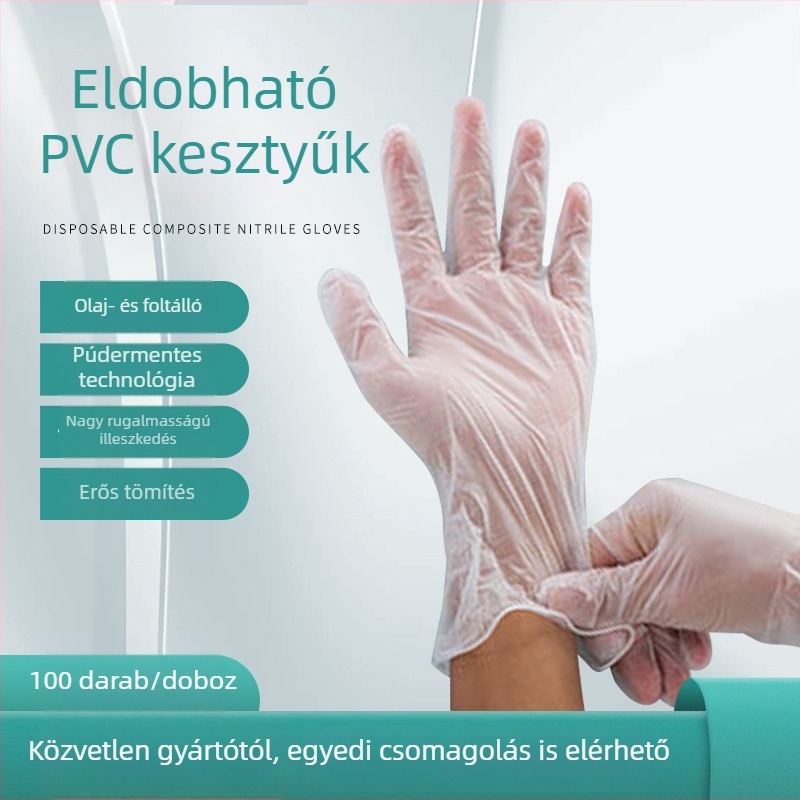 Egyszer használatos, átlátszó pormentes PVC kesztyűk, élelmiszer-minőségűek, sütéshez, cateringhez és általános védelmi célokra