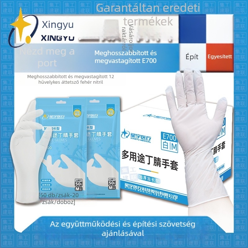 Xingyu E700 nitril kesztyűk, részben átlátszó fehér, 12 hüvelykes hosszabbított és vastagított kivitel, vízálló és olajálló, védő kesztyűk cateringhez és élelmiszer-iparhoz