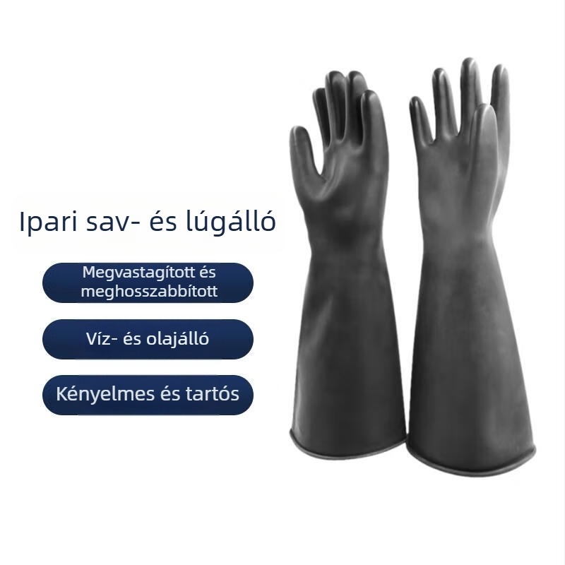 Chengkai Technology sav- és lúgálló kesztyűk, ipari használatra, 45 cm, megerősített gumi, vízálló és olajálló, modell CKS-RJ02, fekete, 1 pár