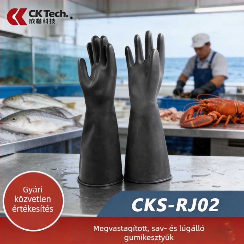 Chengkai Technology sav- és lúgálló kesztyűk, ipari használatra, 45 cm, megerősített gumi, vízálló és olajálló, modell CKS-RJ02, fekete, 1 pár