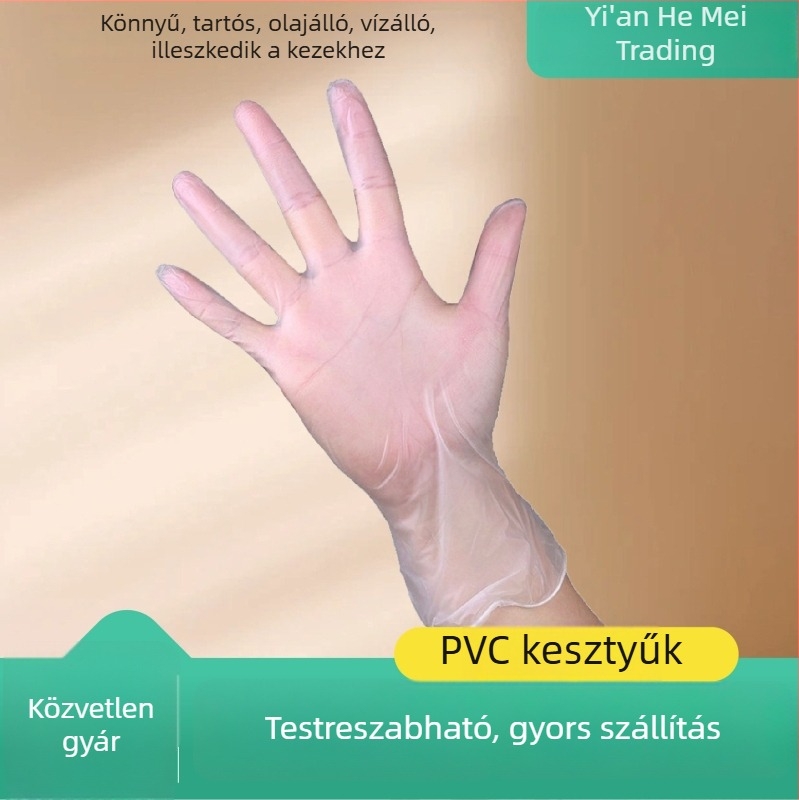 PVC kesztyűk, vastagítottak és átlátszóak, sütéshez és háztartási tisztításhoz, kozmetikai ápoláshoz; csúszásmentes és tapadásmentes, kémiailag ellenálló